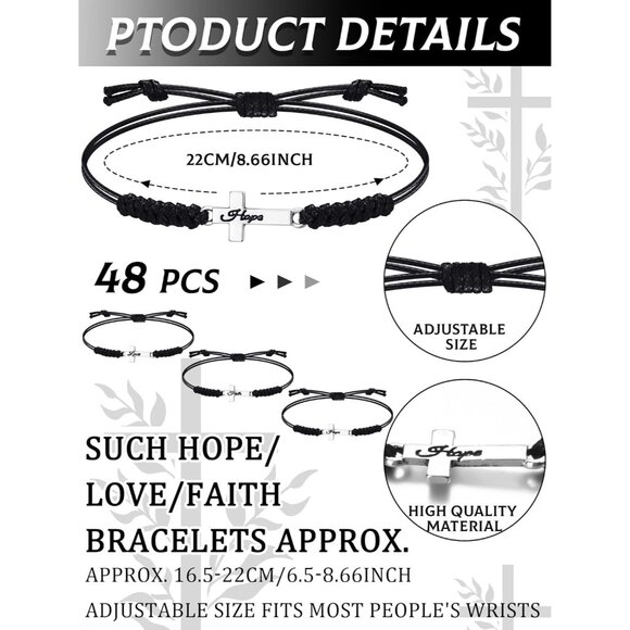48 Black Christian Friendship Bracelets Array Faith Hope Love Adjustable Cross R - Picture 3 of 6